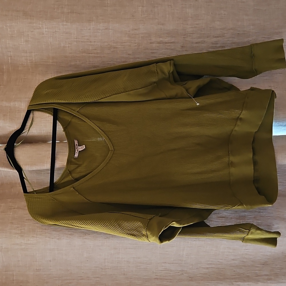 Free People Oversized Womens Large Olive Green Santa Clara Knit Thermal V Neck